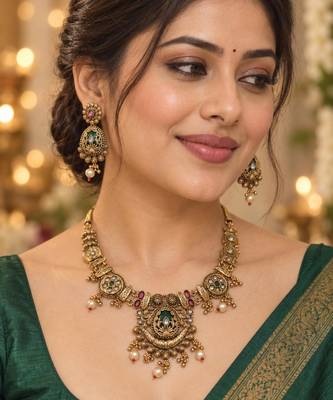 floral green stone antique gold heritage necklace set 1