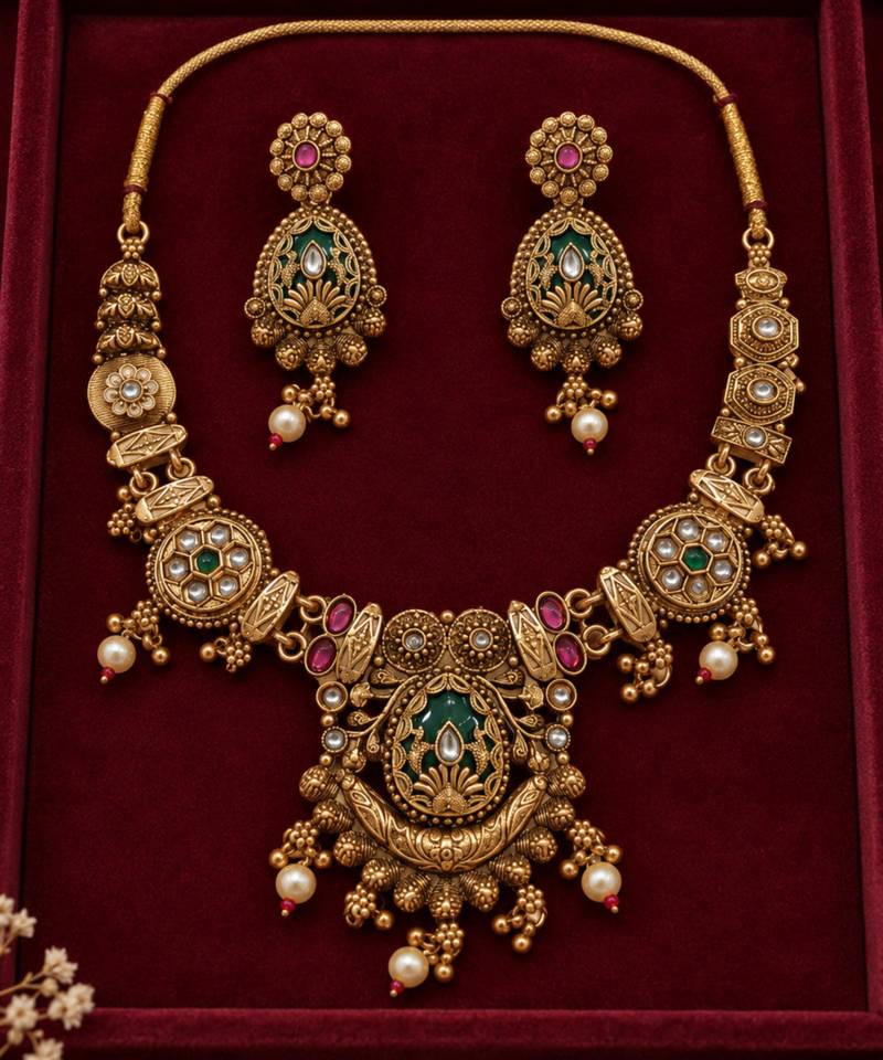 floral green stone antique gold heritage necklace set