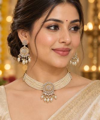 white pearl beaded necklace set with statement pendant 1