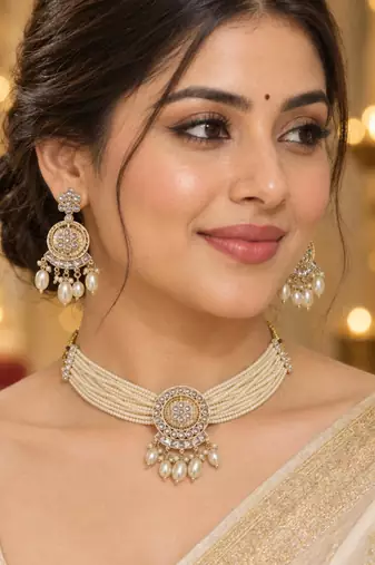 white pearl beaded necklace set with statement pendant