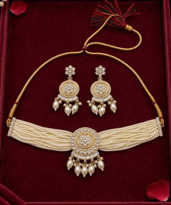 white pearl beaded necklace set with statement pendant 2