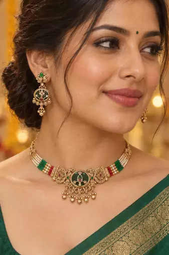 traditional multicolor beaded choker set with green pendant