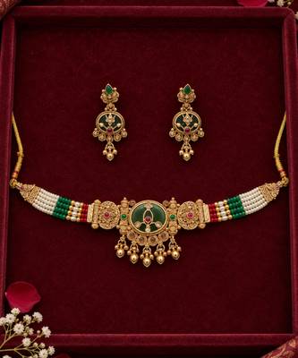 traditional multicolor beaded choker set with green pendant 2