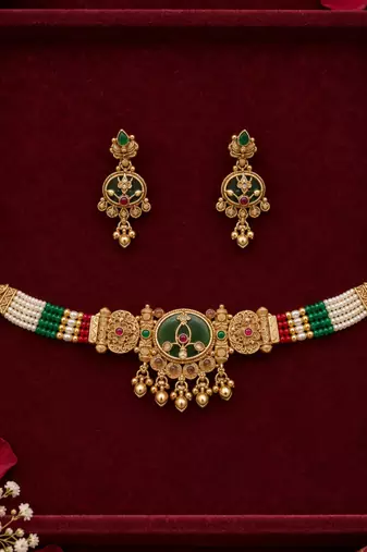 traditional multicolor beaded choker set with green pendant