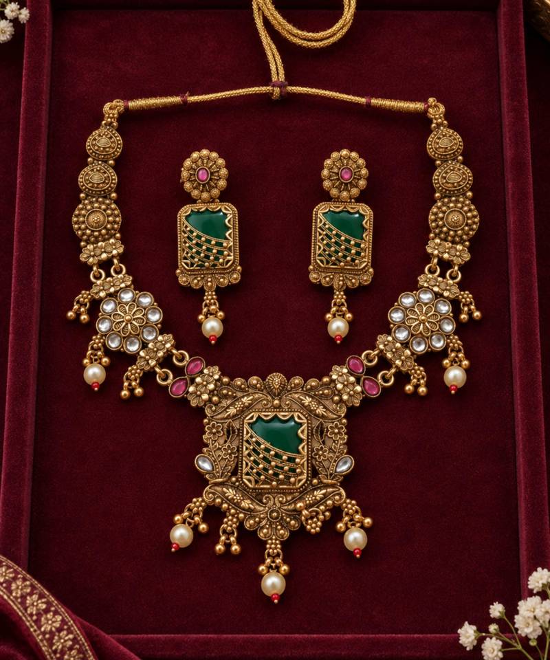 green pendant antique gold heritage necklace set