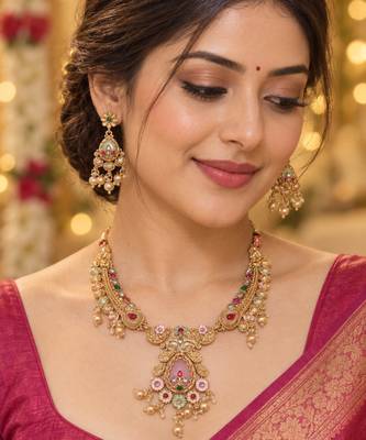 pink stone traditional necklace set 1