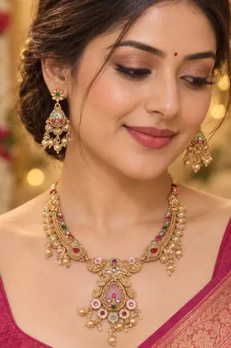 pink stone traditional necklace set