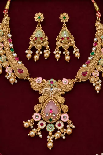 pink stone traditional necklace set