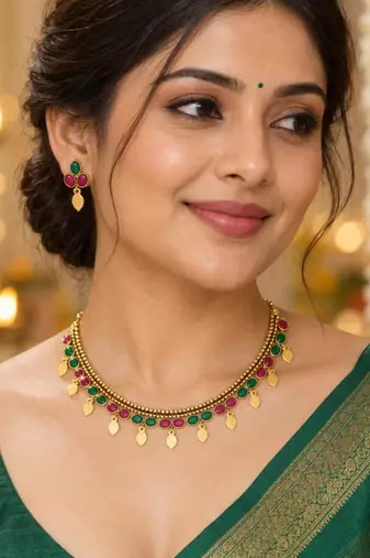 multicolor stone necklace with leaf charms