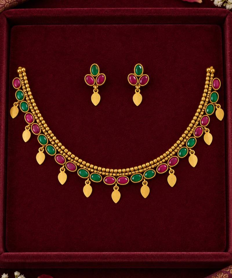 multicolor stone necklace with leaf charms