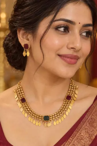 gold necklace with multicolor stone accents