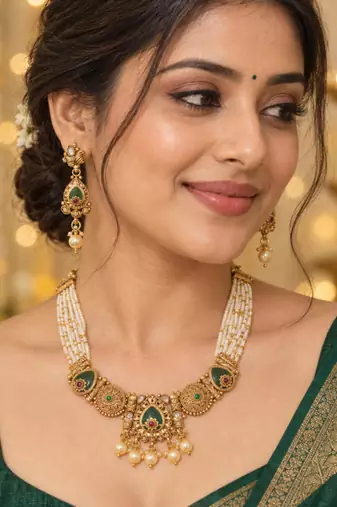 gold necklace with multistrand white beads