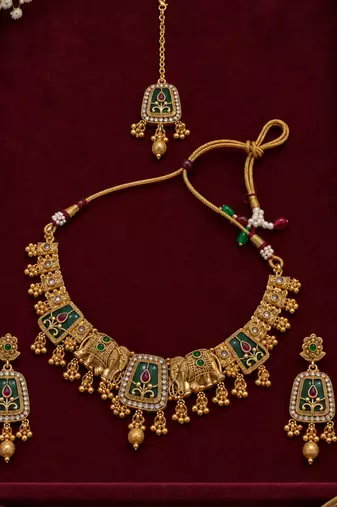 copper hathi  green heritage necklace set