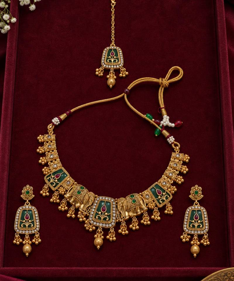 copper hathi  green heritage necklace set