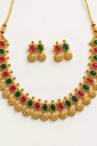 gold-tone necklace set with multicolour stone embellishments