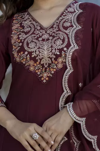  Chinon Embroidery Work Flared Shape Anarkali Pant and Dupatta Set