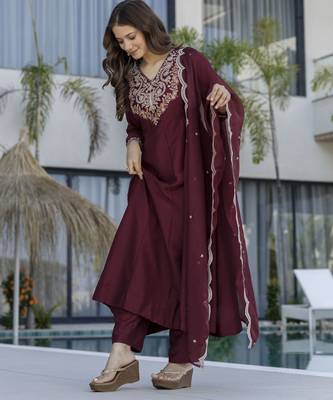  Chinon Embroidery Work Flared Shape Anarkali Pant and Dupatta Set 3