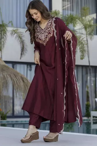  Chinon Embroidery Work Flared Shape Anarkali Pant and Dupatta Set
