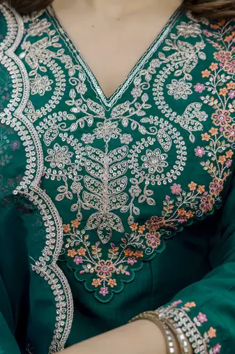  Chinon Embroidery Work Flared Shape Anarkali Pant and Dupatta Set