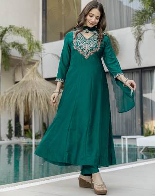  Chinon Embroidery Work Flared Shape Anarkali Pant and Dupatta Set 5