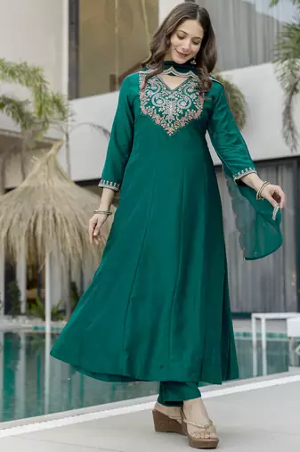  Chinon Embroidery Work Flared Shape Anarkali Pant and Dupatta Set