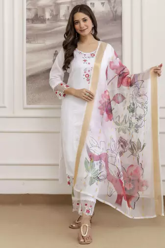  Chanderi Embroidery Work Straight Shape Kurta Pant and Dupatta Set