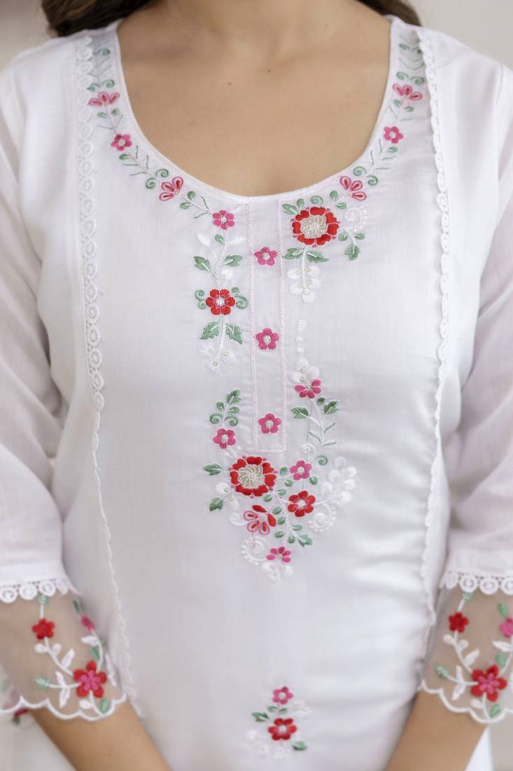  Chanderi Embroidery Work Straight Shape Kurta Pant and Dupatta Set