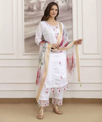  Chanderi Embroidery Work Straight Shape Kurta Pant and Dupatta Set 3