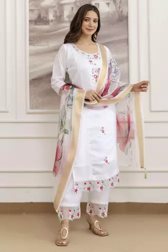  Chanderi Embroidery Work Straight Shape Kurta Pant and Dupatta Set