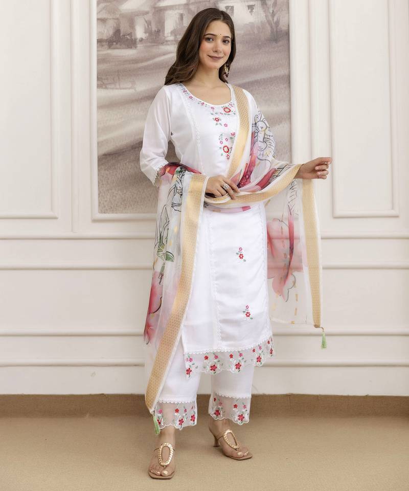  Chanderi Embroidery Work Straight Shape Kurta Pant and Dupatta Set