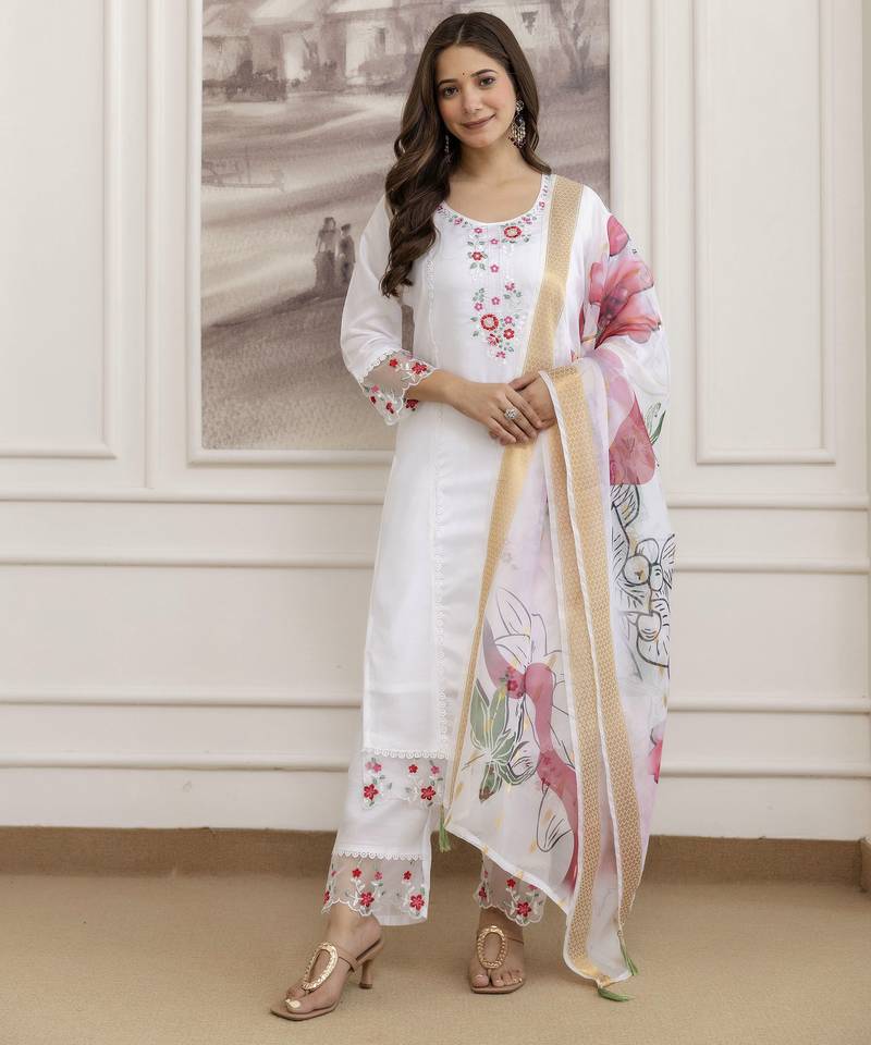 Chanderi Embroidery Work Straight Shape Kurta Pant and Dupatta Set