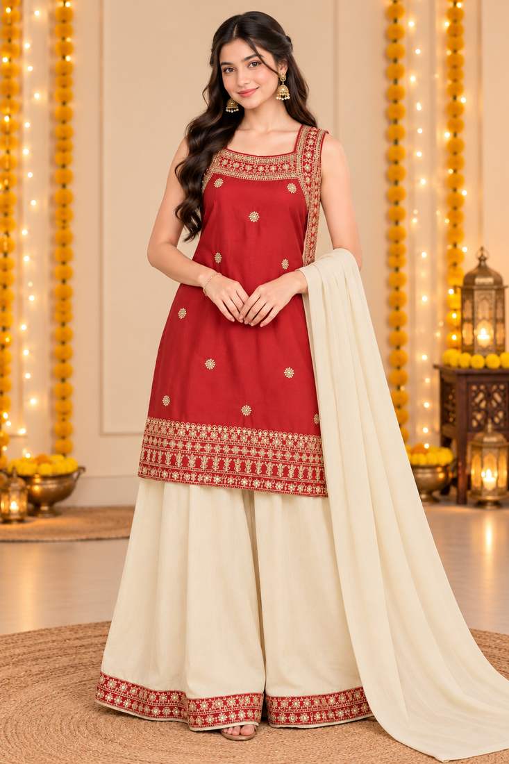 Maroon & ivory gold embroidered stitched sleeveless kurta sharara set
