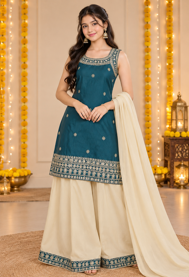 Teal & ivory gold embroidered stitched sleeveless kurta sharara set