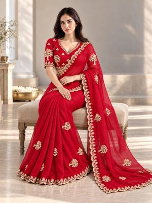 Red satin embroidered saree withcutdana work 2