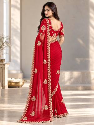 Red satin embroidered saree withcutdana work 3