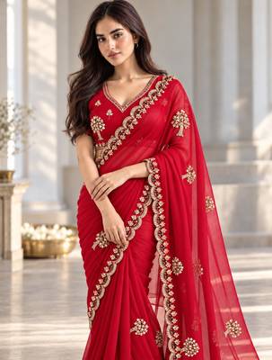 Red satin embroidered saree withcutdana work 4
