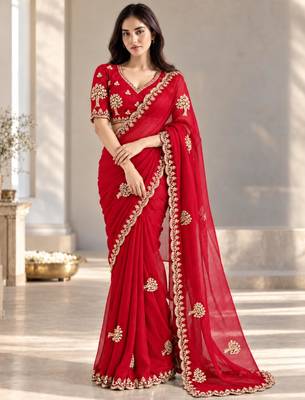 Red satin embroidered saree withcutdana work 1
