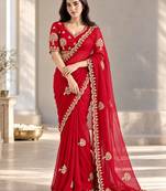 Red satin embroidered saree withcutdana work
