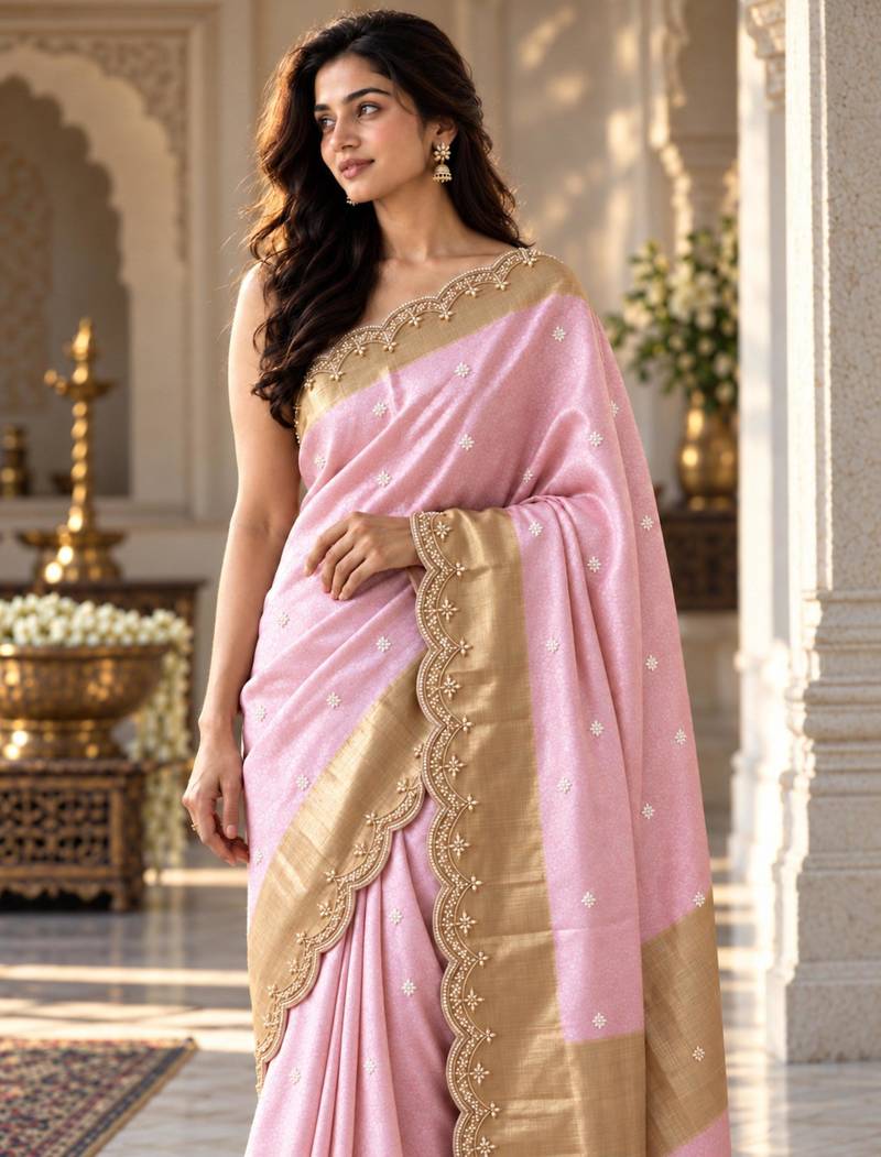 Light-pink silk embroidered saree withcutdana work