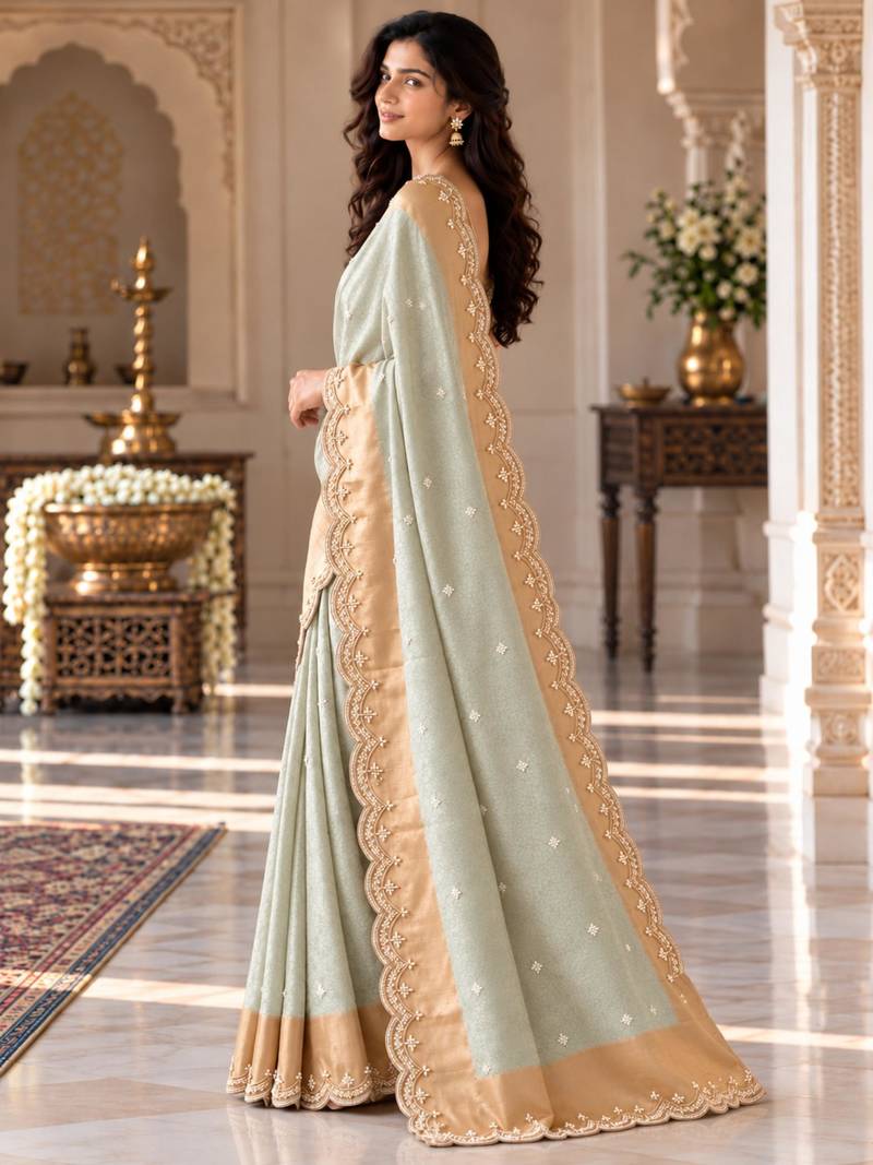 Light-sea-green silk embroidered saree withcutdana work