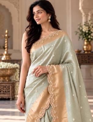 Light-sea-green silk embroidered saree withcutdana work 3