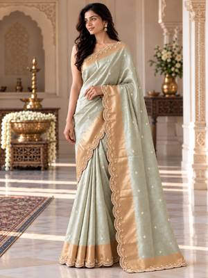 Light-sea-green silk embroidered saree withcutdana work 5