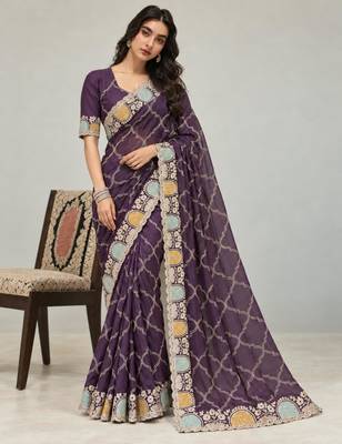 Purple chiffon embroidered saree withzari work 1