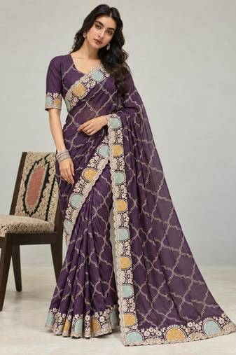 Purple chiffon embroidered saree withzari work
