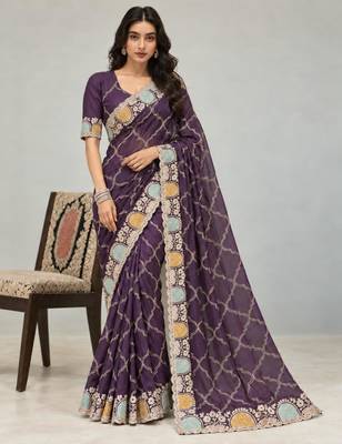 Purple chiffon embroidered saree withzari work 4