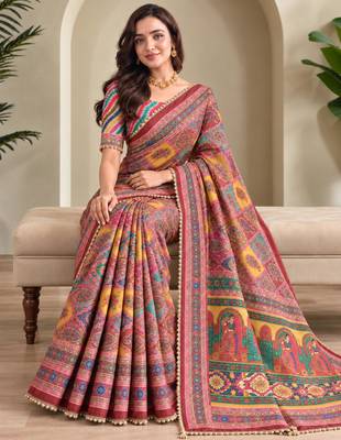 Multicolor satin embroidered saree withcutdana work 1