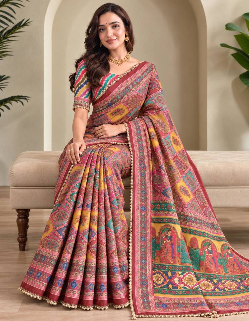Multicolor satin embroidered saree withcutdana work
