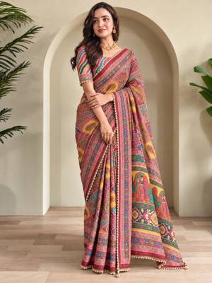 Multicolor satin embroidered saree withcutdana work 4