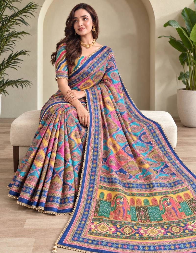 Multicolor satin embroidered saree withcutdana work