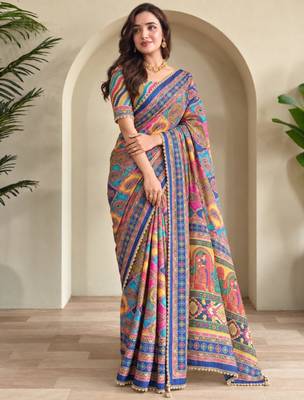 Multicolor satin embroidered saree withcutdana work 4
